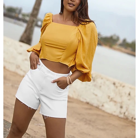 Express Tops - Express Cropped Tie Back Puff Sleeve Top